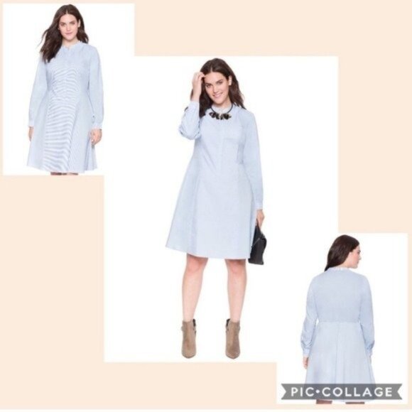 Eloquii Blue Long Sleeve Striped Shirt Dress - Picture 1 of 7
